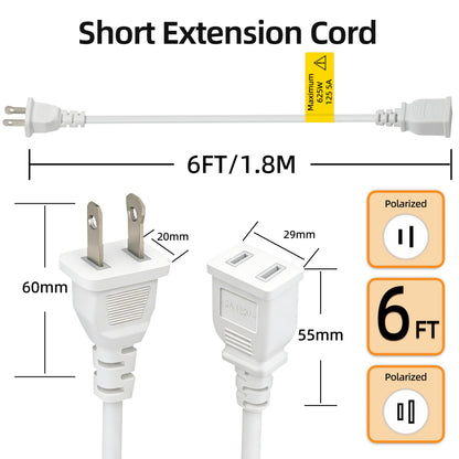 6FT Short Thin Extension Cord Indoor, White, 2 Prong, 5A 125V 625W (1Pack)