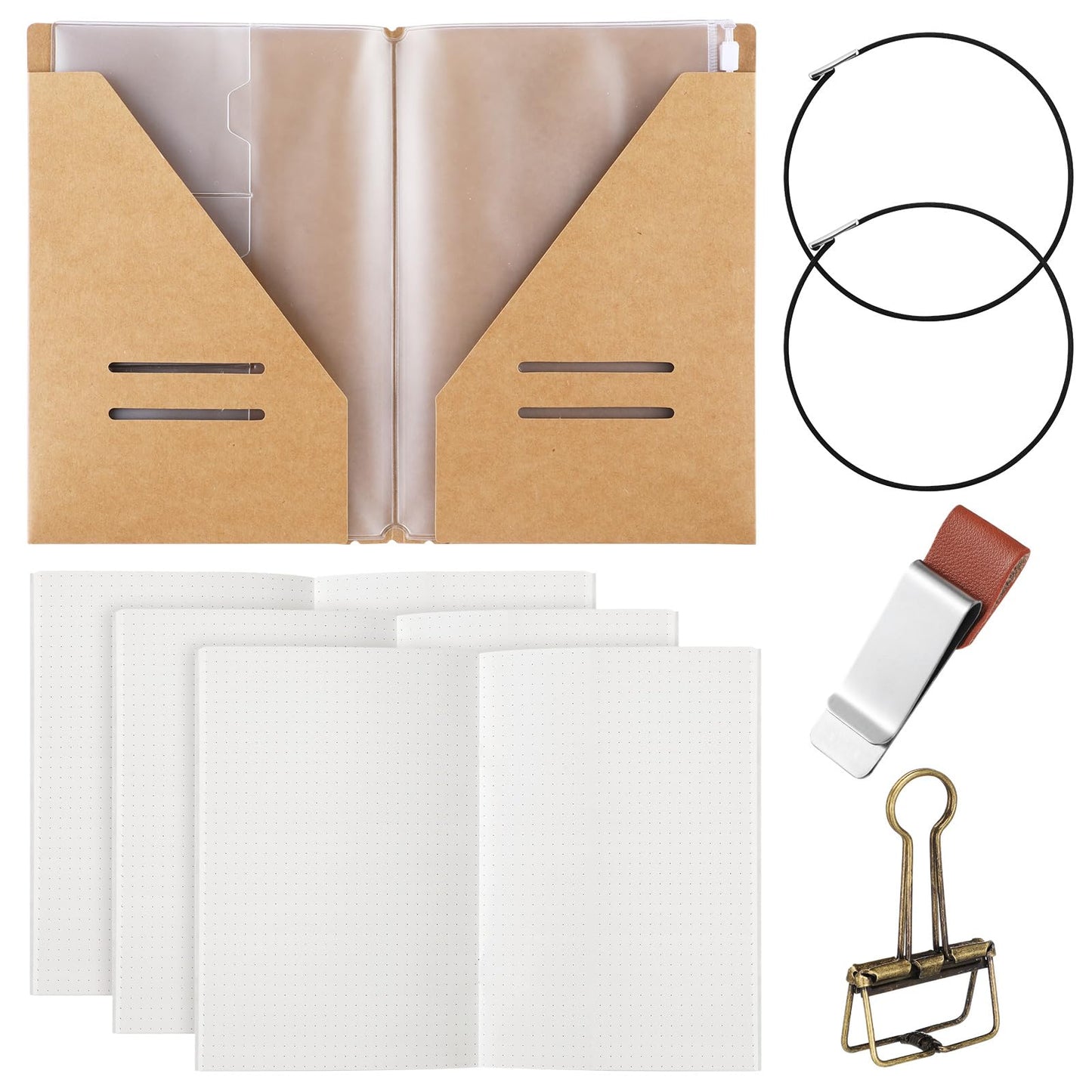Thenshop 5 Pcs Notebook Accessories Kit for Travelers Include Dot Grid Kraft Paper Notebooks, Travel Kraft File Folder, Zipper Case, Pen Holder, Binder Clip and Elastic Bands Travel Accessories
