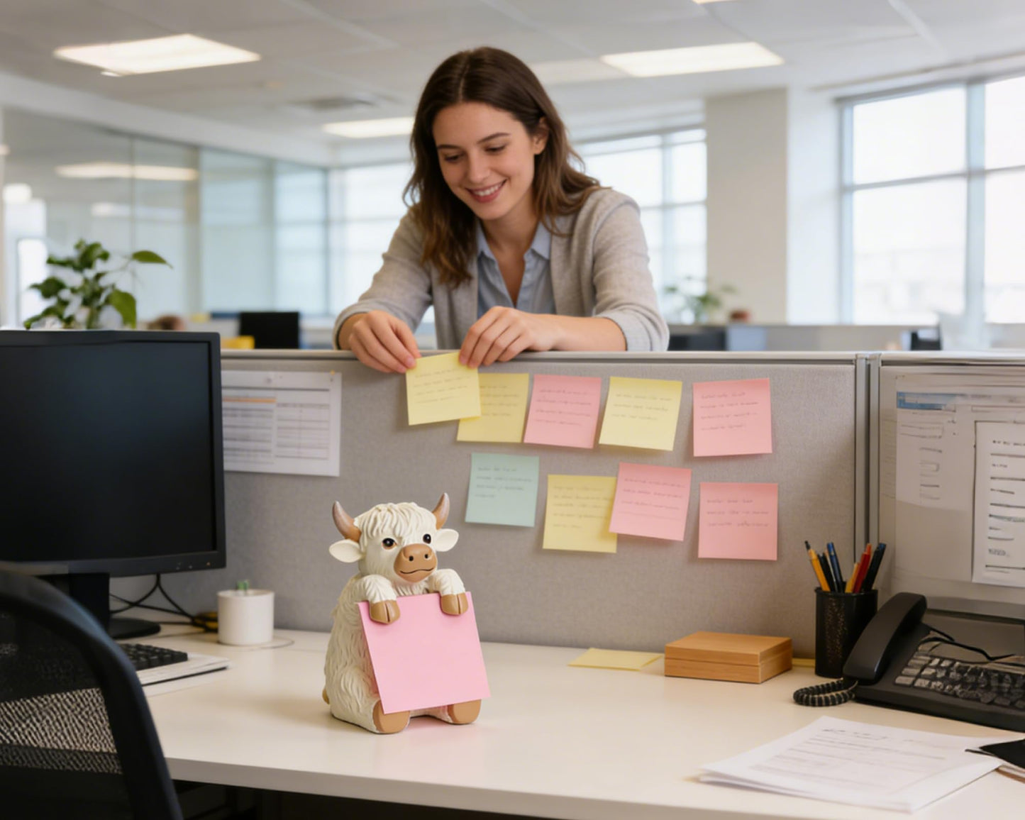 HORTIX Highland Cow Pop-up Sticky Note Dispenser, Includes 1 Pad of 3x3 in Super Sticky Notes, 100 Sheets, Resin Cute Handmade Desk Holder for Office & Home-Beige