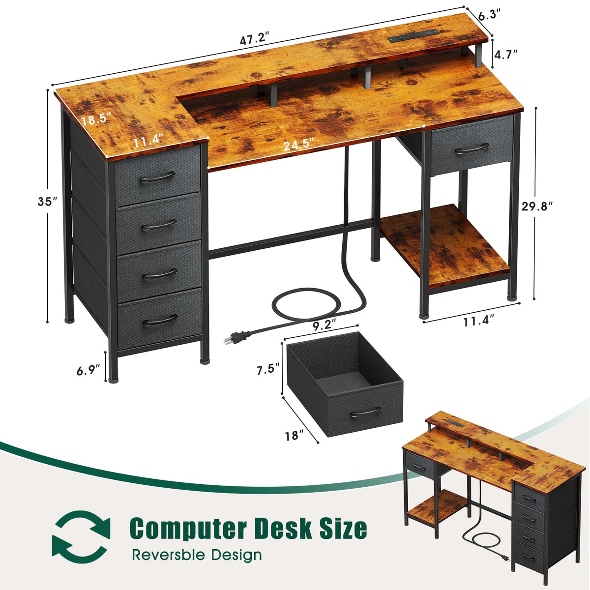 Korfile 47 Inch Computer Gaming Desk with Power Outlets LED Lights Reversible Home Office with Adjustable Fabric Storage Drawers for Working Writing Study, Rustic Brown