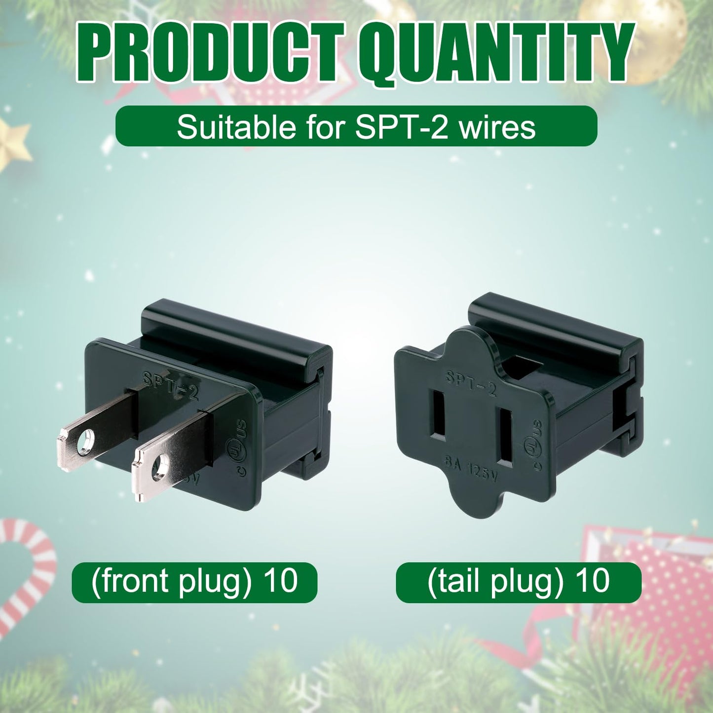 20pcs Holiday Christmas Lighting Outlet Green Slip Plug Set, 10 Male & 10 Female Vampire Adapter Ends, Electric Connector for SPT-2