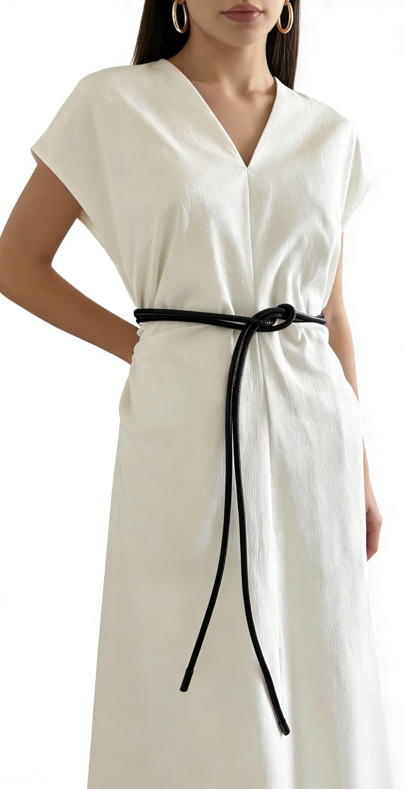 Women Long Slim Thin PU Leather Waist Tie Belt for Dress Coat String Belt Accessory (Black, Length 86.6")
