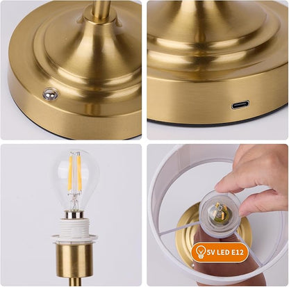 Rechargeable Cordless LED Table Lamp Fabric Shade Desk Lamp, 3-Level Dimmable Touch Control, 5200mAh, Patio Table Lamp, Bedside Night Lamp, Ambient Light for Restaurant.(Gold)