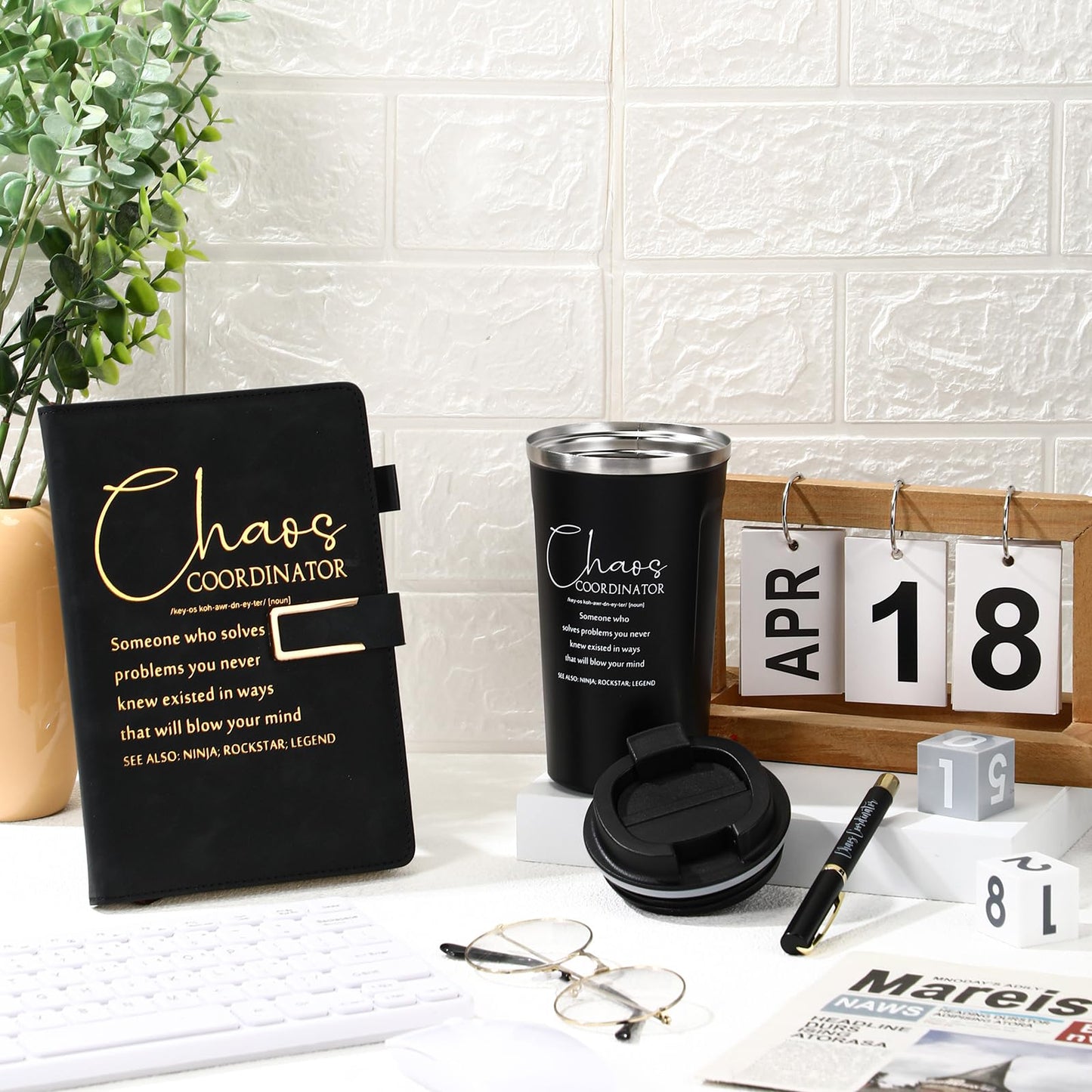 Pickmesh 3 Pcs Chaos Coordinator Appreciation Gifts for Women Men 17 oz Coffee Tumbler A5 Leather Journal with Ballpoint Pen for Admin Professionals Manager Assistant‌ Employee Teacher(Black)