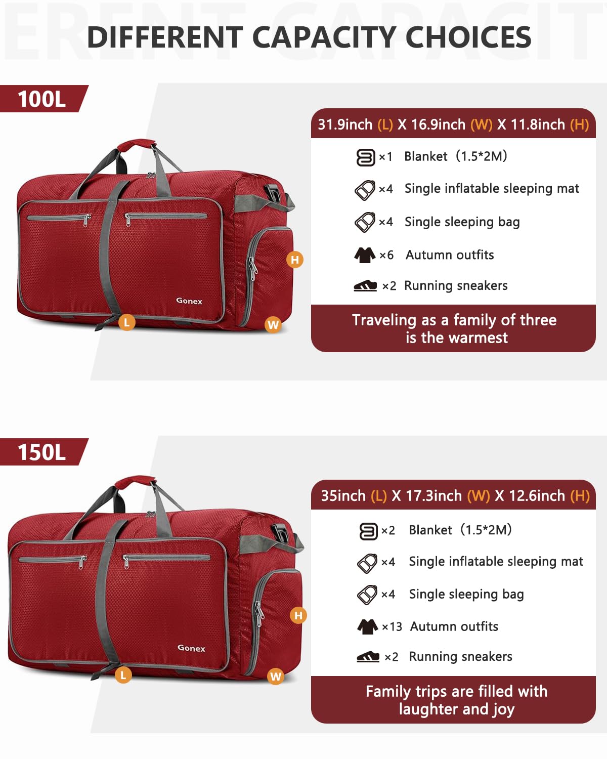 Gonex 100L Large Foldable Travel Duffle Bag with Shoes Compartment, Packable Lightweight Water Repellent Duffel Bag for Camping Gym Weekender Bag Red