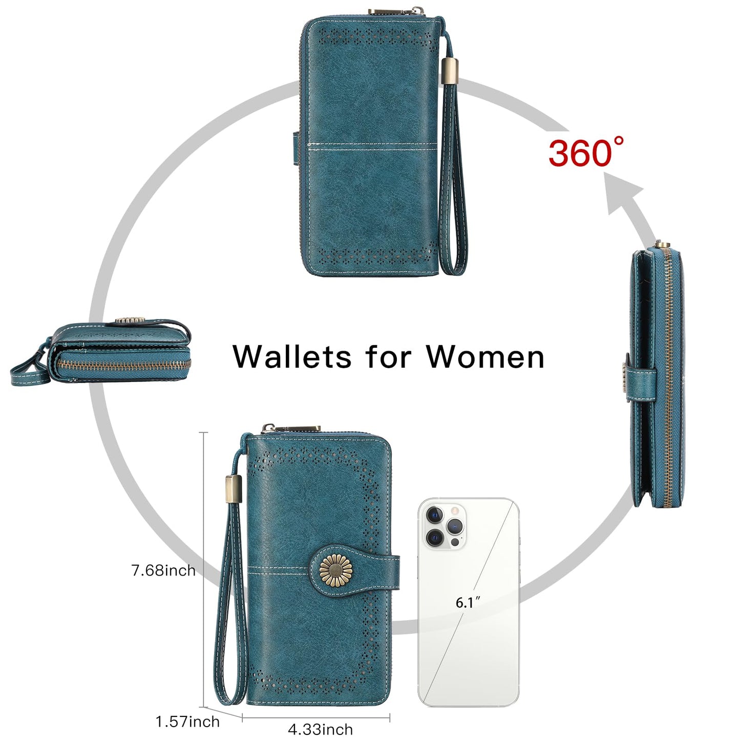 SENDEFN Wallet for Women RFID Blocking Leather Clutch Long Purse Large Capacity Credit Card Holder Wristlet