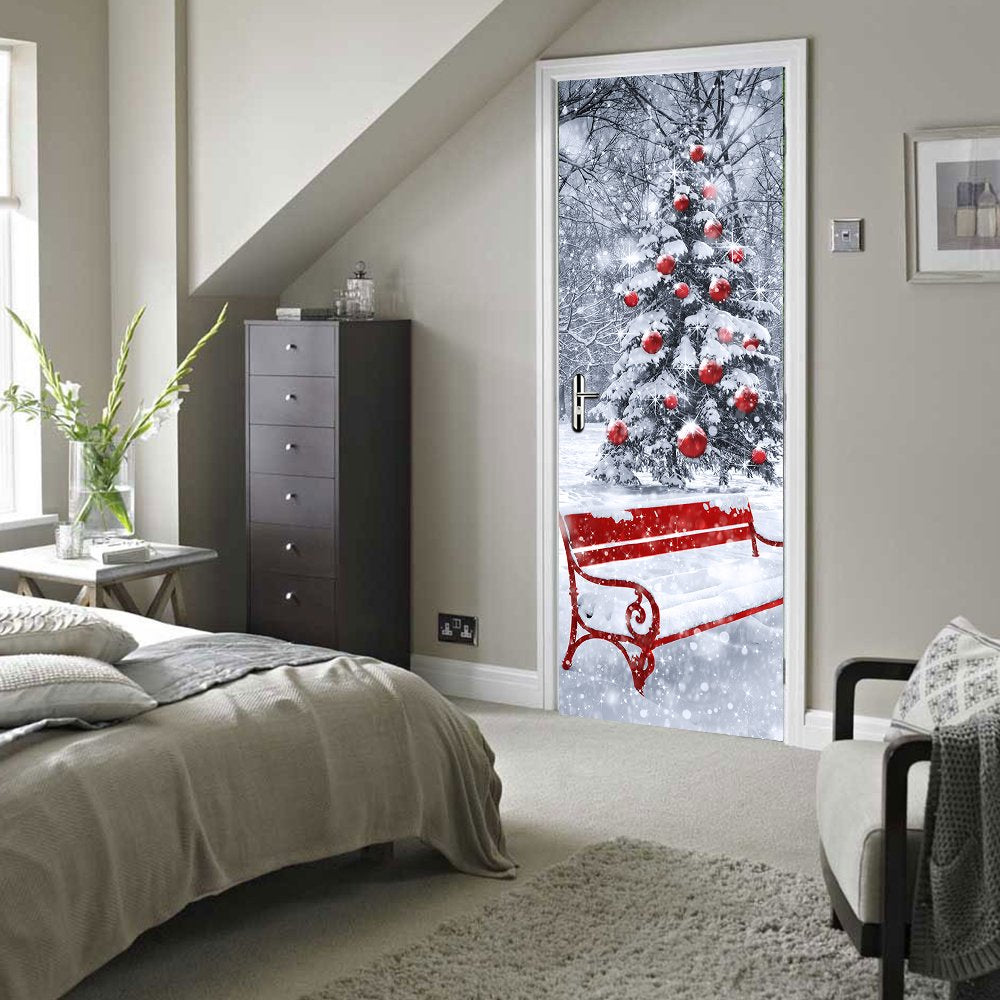 Modern Art Christmas Tree 3D Door Sticker, Peel and Stick Removable Vinyl Door Decals for Home Decor, 30.3x78.7(77x200cm), 2 Pcs Set