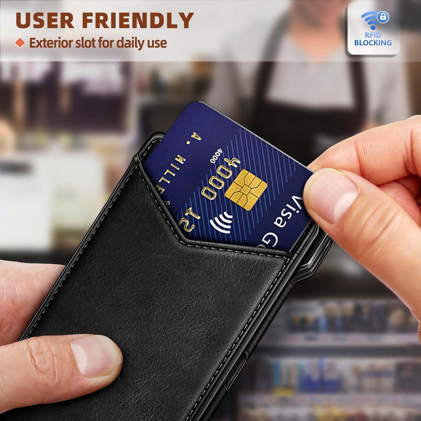 Men's Slim RFID Blocking Wallet Genuine Leather Front Pocket Design with Money Clip Holds 12 Cards Magnetic Flip Case (Black)