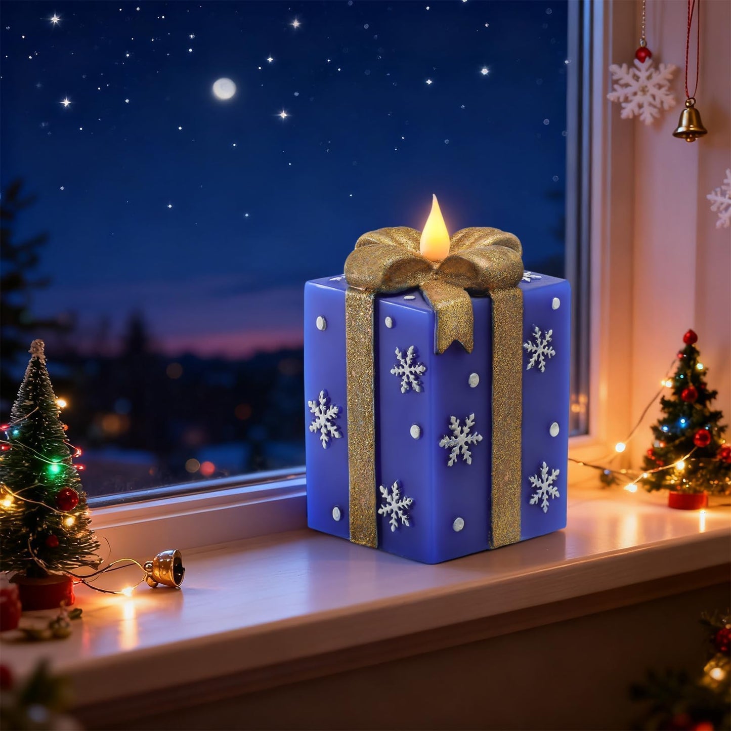 LCZLUMIPRO Christmas Flameless Gift Box Candle Hand-Painted Real Wax LED Candle with Remote Timer Battery Operated Blue Gold Decor for Xmas Tree Skirt Ornament Table Outdoor Indoor Holiday