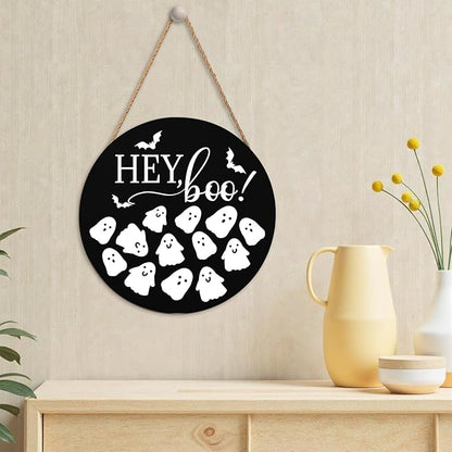 Hey Boo Sign 12x12 Inch Halloween Wreaths for Front Door Halloween Ghost Wood Door Hanger Black Boo Sign Farmhouse Holiday Decorations Wall Hanging Plaque for Trick or Treat Party Inside Outside