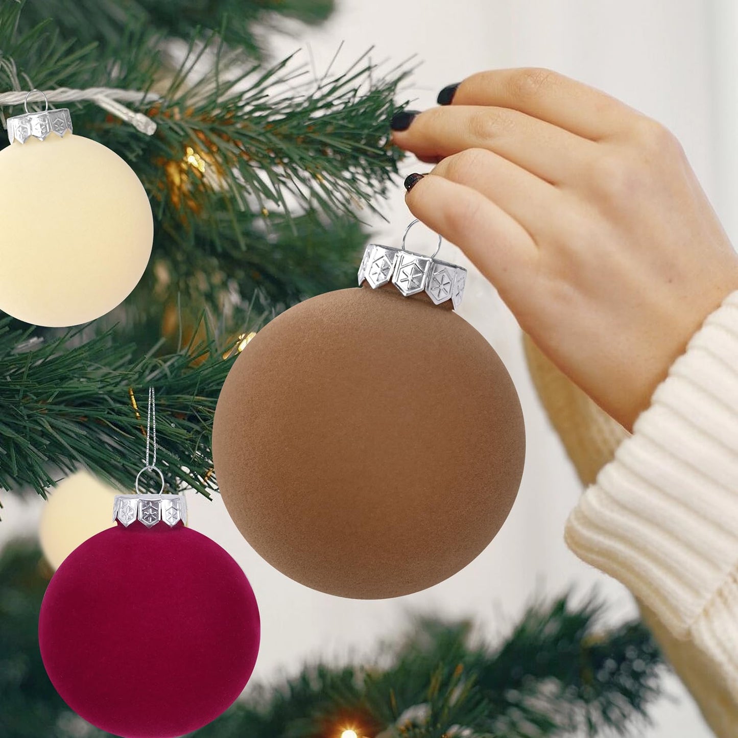 15 Pcs(3.9 In/100 mm) Velvet Christmas Ornaments Balls Set, Brown Red Neutral Christmas Tree Ornaments, Flocked Xmas Tree Balls for Xmas Holiday Party Decorations