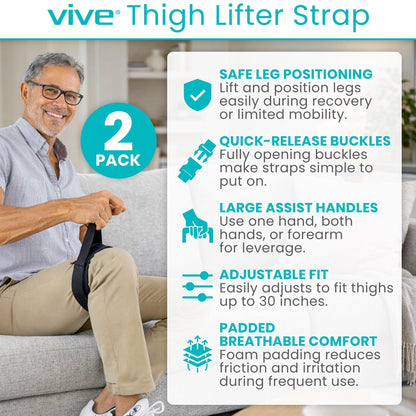 Vive Thigh Lifter Strap (2 Pack) - Pull Up Assistance Band - Medical Equipment Padded Wrist Tool For Leg Movement - Transfer Device For Limited Mobility, Knee Recovery - For Elderly, Senior & Disabled