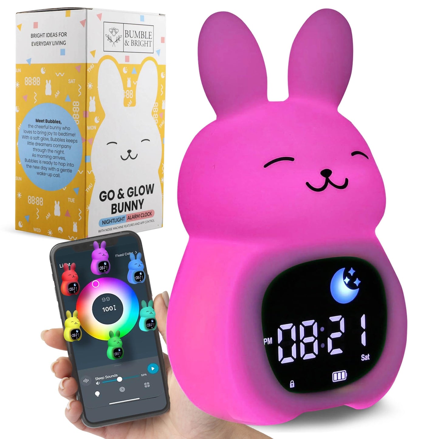 Bumble & Bright Kids Sleep Trainer with App Control - OK to Wake Clock for Kids Ages 4+, Color-Changing Night Light, Alarm & Sound Machine, Simple 1-Routine Setup, Free App, USB-C