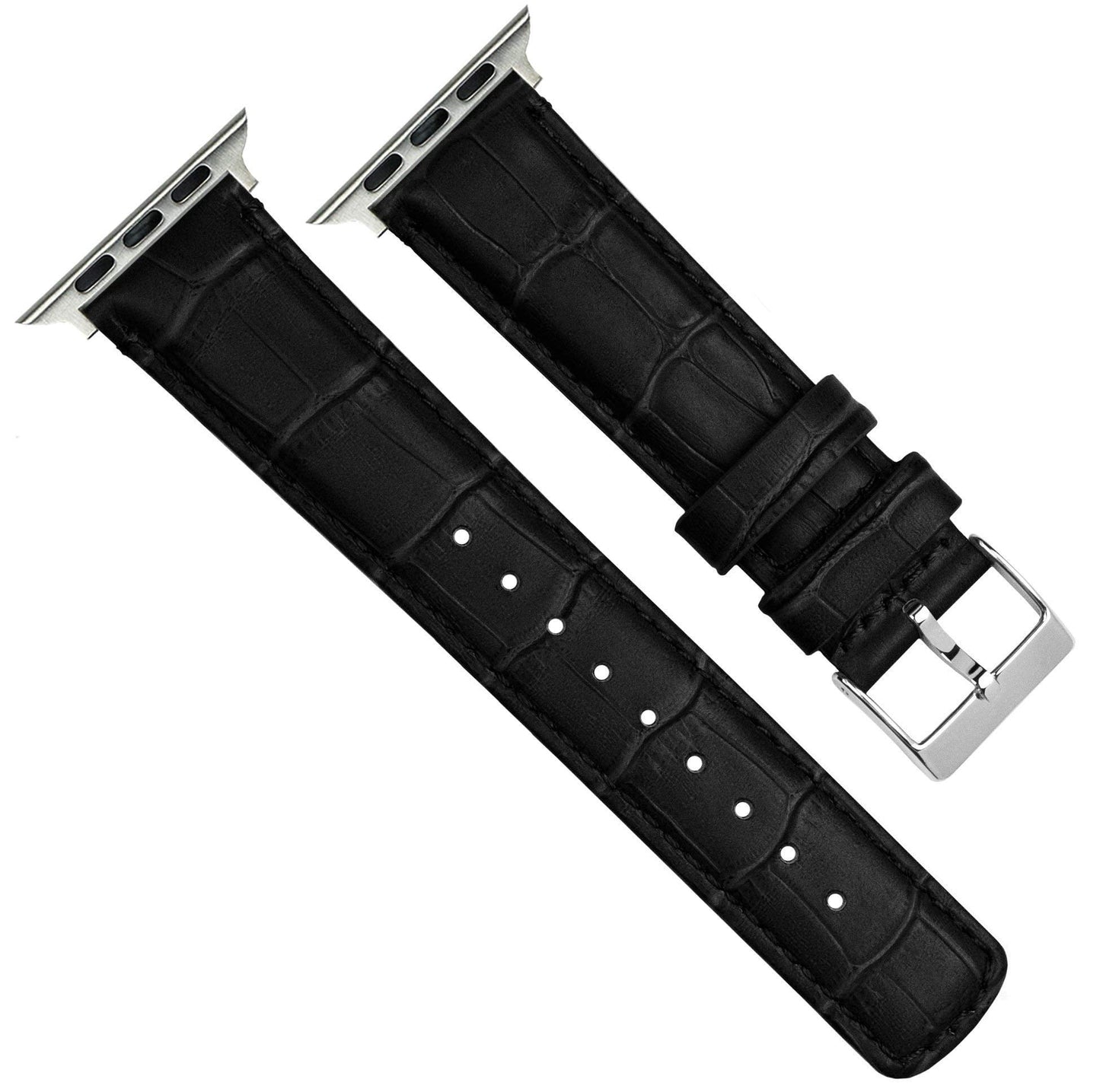 BARTON WATCH BANDS - Black & Stainless Hardware Alligator Grain Leather Watch Bands Compatible with Apple Watch Models - 1, 2, 3, 4, 5, 6, 7, 8, 9, 10, SE, Ultra & Ultra 2 - (42mm/44mm/45mm/49mm)