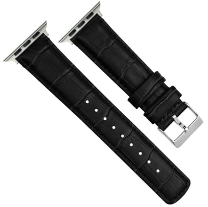 BARTON WATCH BANDS - Black & Stainless Hardware Alligator Grain Leather Watch Bands Compatible with Apple Watch Models - 1, 2, 3, 4, 5, 6, 7, 8, 9, 10, SE, Ultra & Ultra 2 - (42mm/44mm/45mm/49mm)