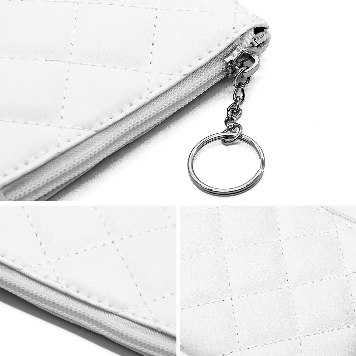 LJCZKA Coin Purse for Women Quilted Leather Mini Pouch Card Holder Top Zipper Coin Wallet Makeup Bag with Keychain (White)