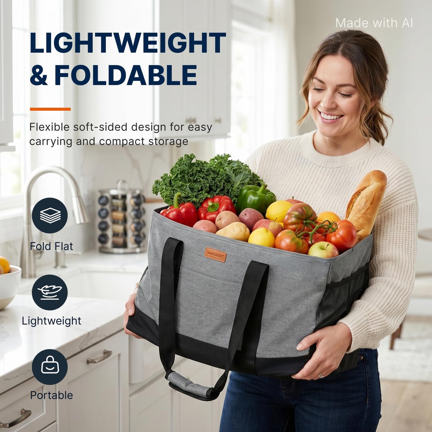 WONDAY Extra Large Foldable Grocery Tote Bag With Handles for Storage, Picnics, Beach, Pool, Laundry - Reusable Shopping Bag (Grey)