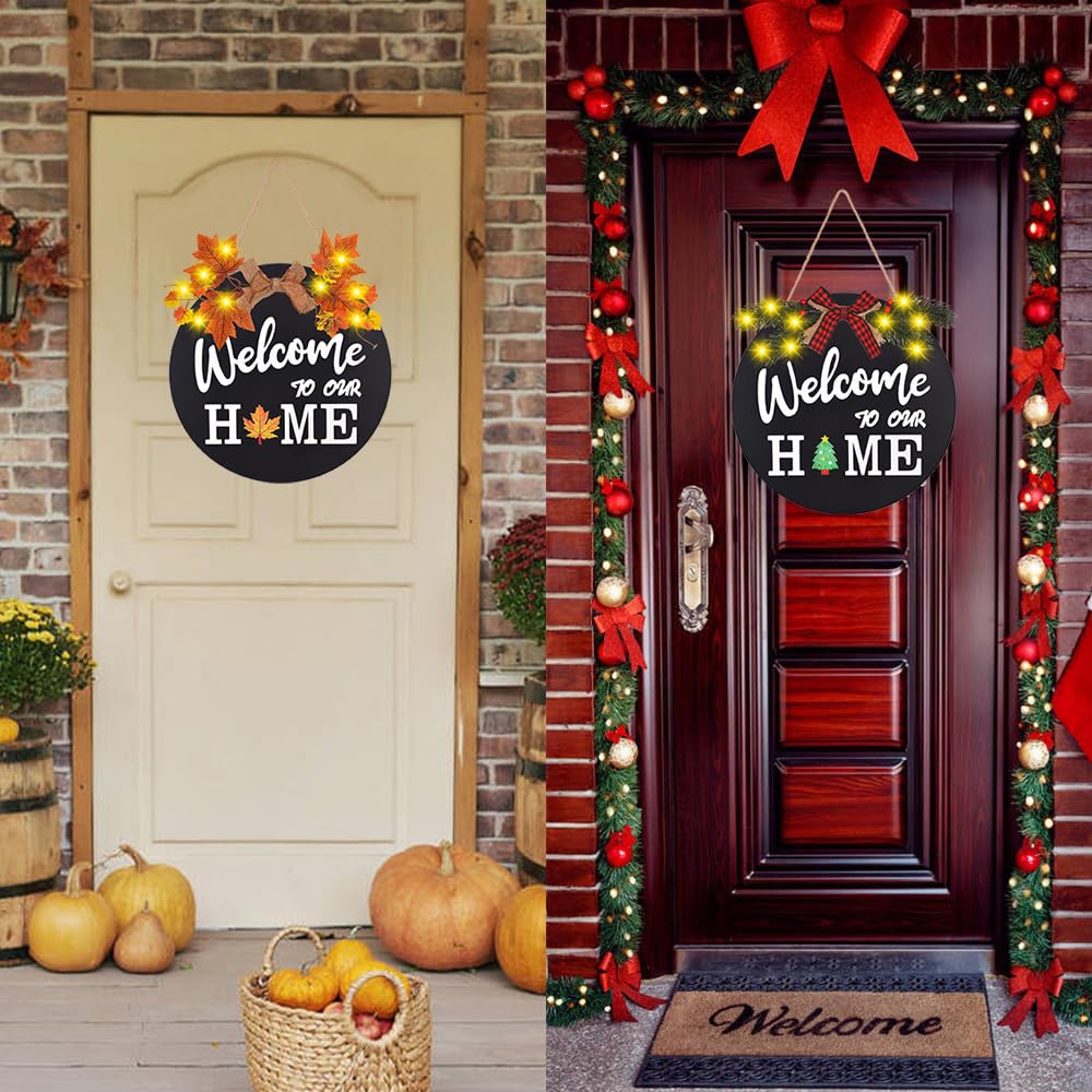 Interchangeable Welcome Home Sign, Front Door Decor With 4 Seasonal Wreaths and 21 Changeable Icons, Rustic Wood Wall Porch Hanger for Holiday Halloween Christmas Housewarming Gift (Black)