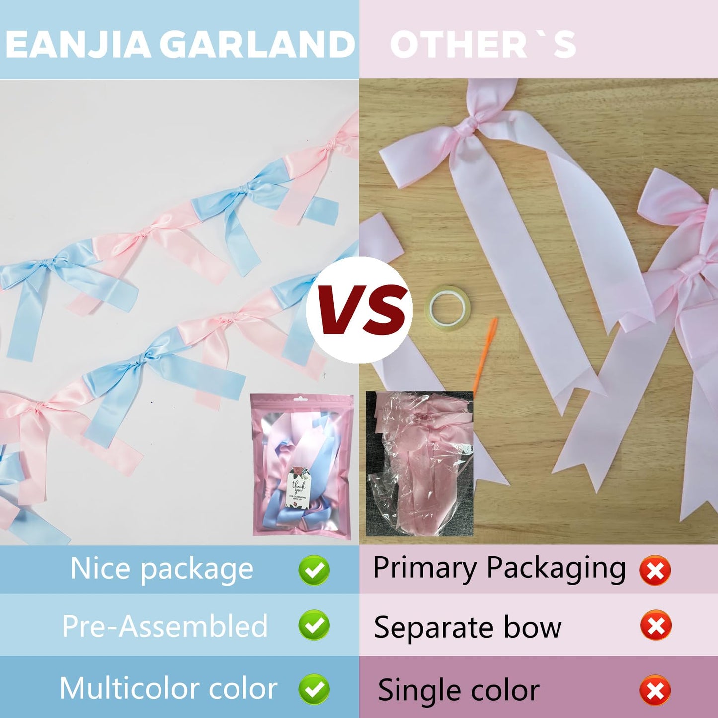 Eanjia Gender Reveal Bow Knot Garland |6ft Gender Reveal Party Decor with 3ft Extend Ribbon Pre-Assembled Satin Ribbon Banners with Baby Pink/Blue Bows Baby Shower No DIY Needed (Pink & Blue, 6ft)