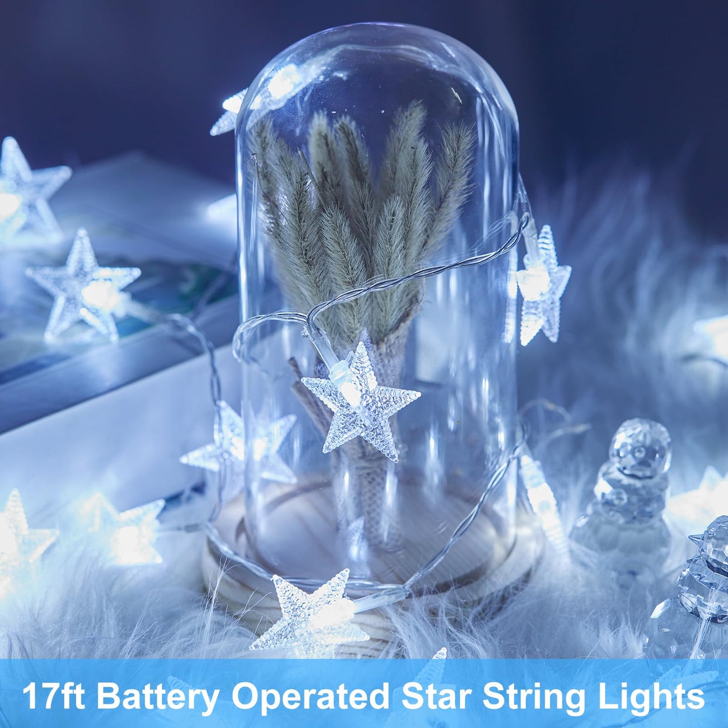 Minetom Star String Lights Battery Operated - 17 ft 50 LED Star Fairy String Lights with Timer, Waterproof for Indoor Bedroom Tent Loft Bed Patio Party Wedding Decor, White