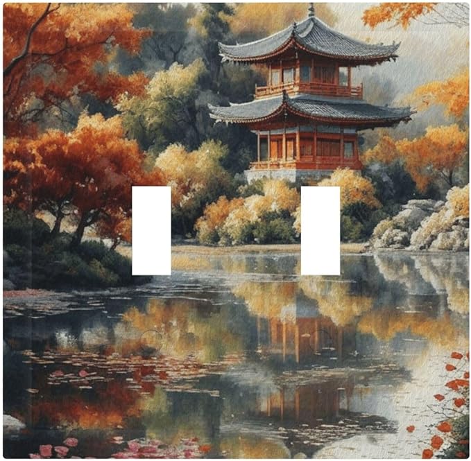 Decorative Art Light Switch Covers Lake & Pagoda in Fall 2 Gang Double Toggle Wall Plate Decorative Switchcover Electrical Switchplate for Home Decor