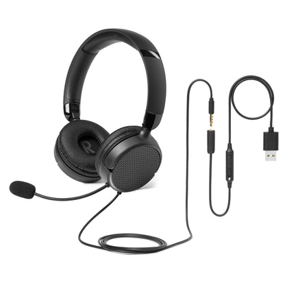 Amazon Basics On Ear Wired Computer Headset with Adjustable Microphone, 3.5mm Port or in-Line Control with USB-A Port, Foldable, Clear Sound, Small/Medium Size, Black