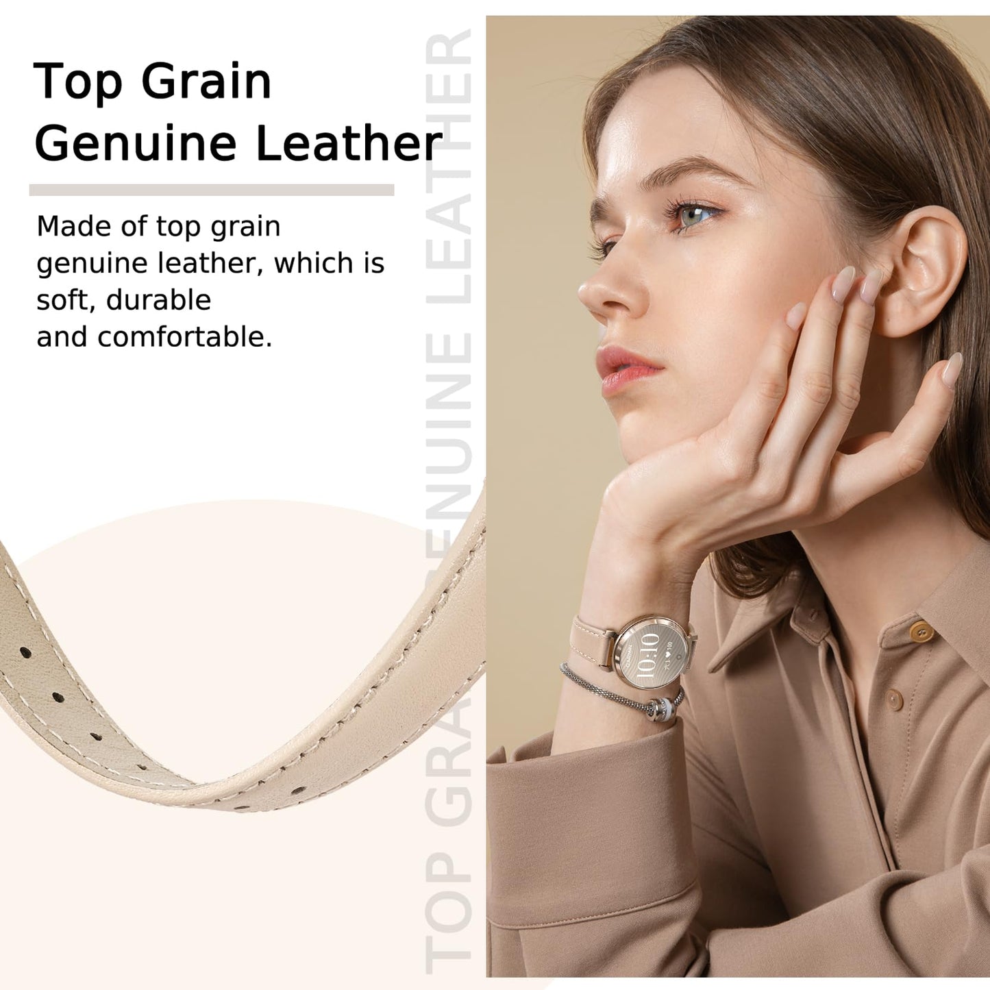 Leather Bands Compatible with Garmin Lily 2, 14mm Top Grain Soft Loop Straps Quick Release Replacement Adjustable Wristband for Lily 2 Classic/Active Smart Watch Accessory for Grace Women