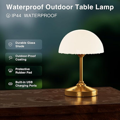 Mushroom Lamp Cordless Lamp Table Lamp,Outdoor Waterproof Shower Lamps,5000mAh Rechargeble Battery Operated Dimmable Touch Desk Lamps,LED Night Light for Bathroom Patio Camping Outdoor(Gold)