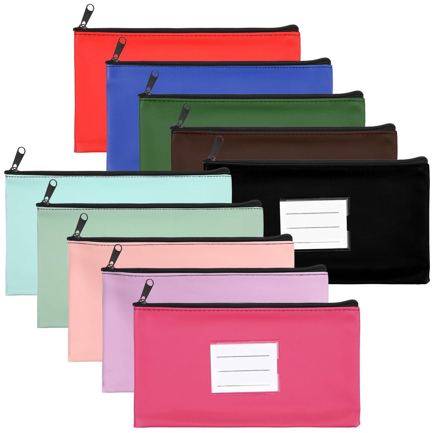10 Pack Money Bags with Zipper, PU Leather Cash Pouches with Label, 11 x 6 Inches, Bank Deposit Bag for Coins, Bills, Checks, Invoices, Cosmetics, Tools, 10 colors