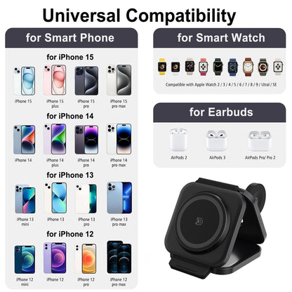 Wireless Charging Station for Apple Multiple Devices - 3 in 1 Foldable Magnetic Wireless Charger - Travel Charging Pad for iPhone 16 15 14 13 12 Pro Max Plus Watch & AirPods (Black)