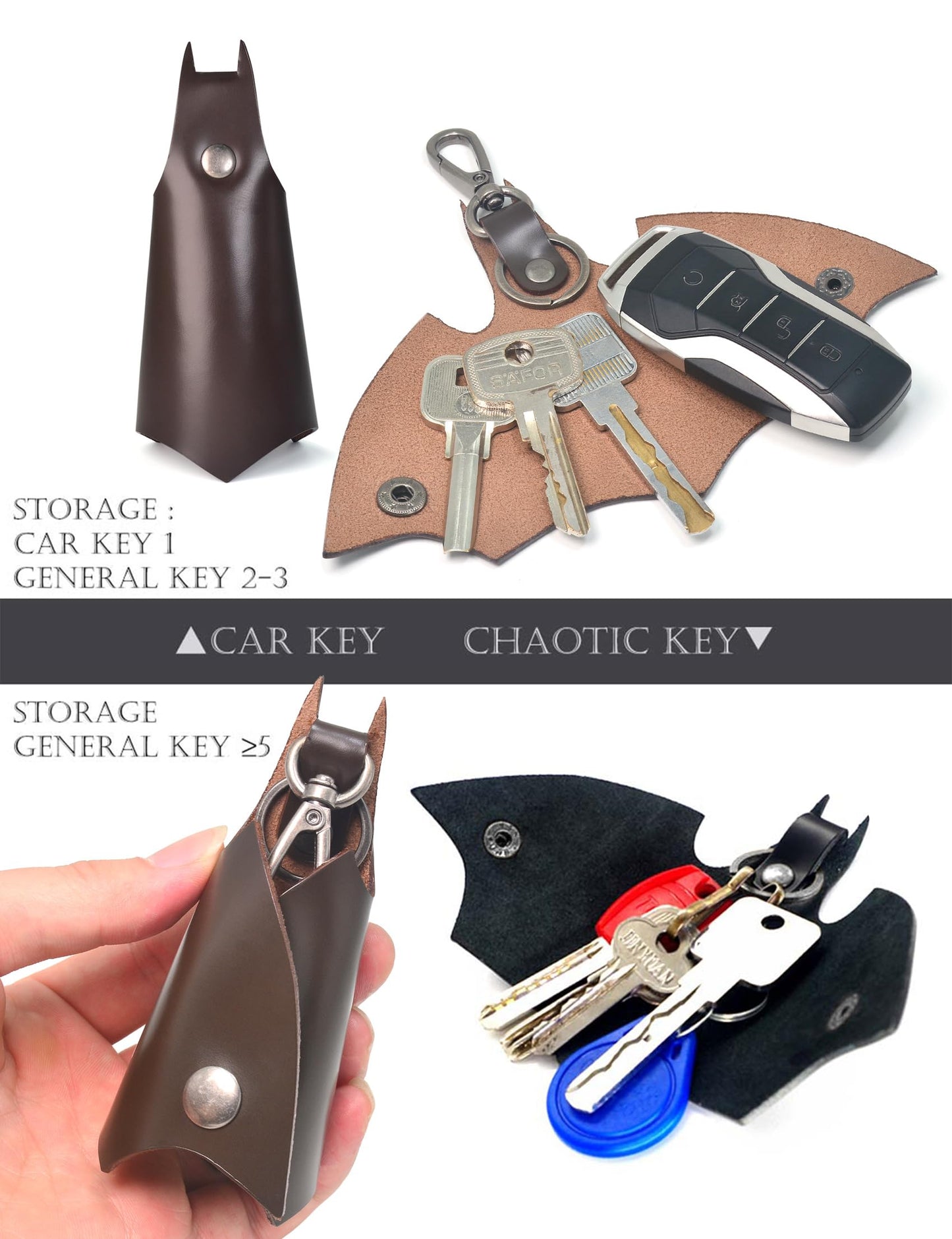 CAILLU KeyChain Leather Bat Shape for men gifts and women Car key fob case,Leather fashion pop keys ring cover holder (Dark brown Bat)