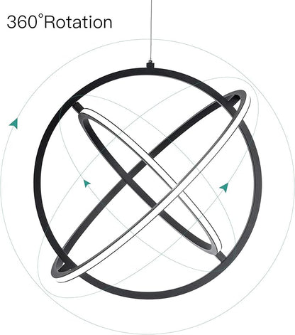Modern LED Pendant Light Dimmable Creative Chendalier Adjustable Hanging Pendant Lighting Circle 3 Rings 6000K Cool Light Fixture for Dining Room Bedroom Kitchen Island Hall 80W (Black)
