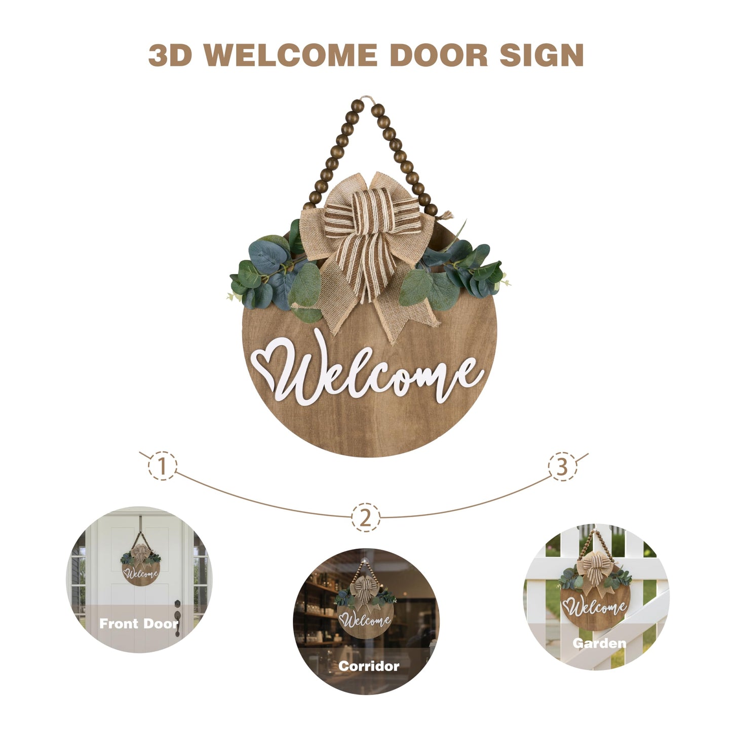 CondorPasea 12 Inch 3D Welcome Sign for Front Door, Round Wooden Welcome Door Sign with Artificial Greenery, Buffalo Plaid Bow & Rustic Beads, Farmhouse Porch Home Decor Gift