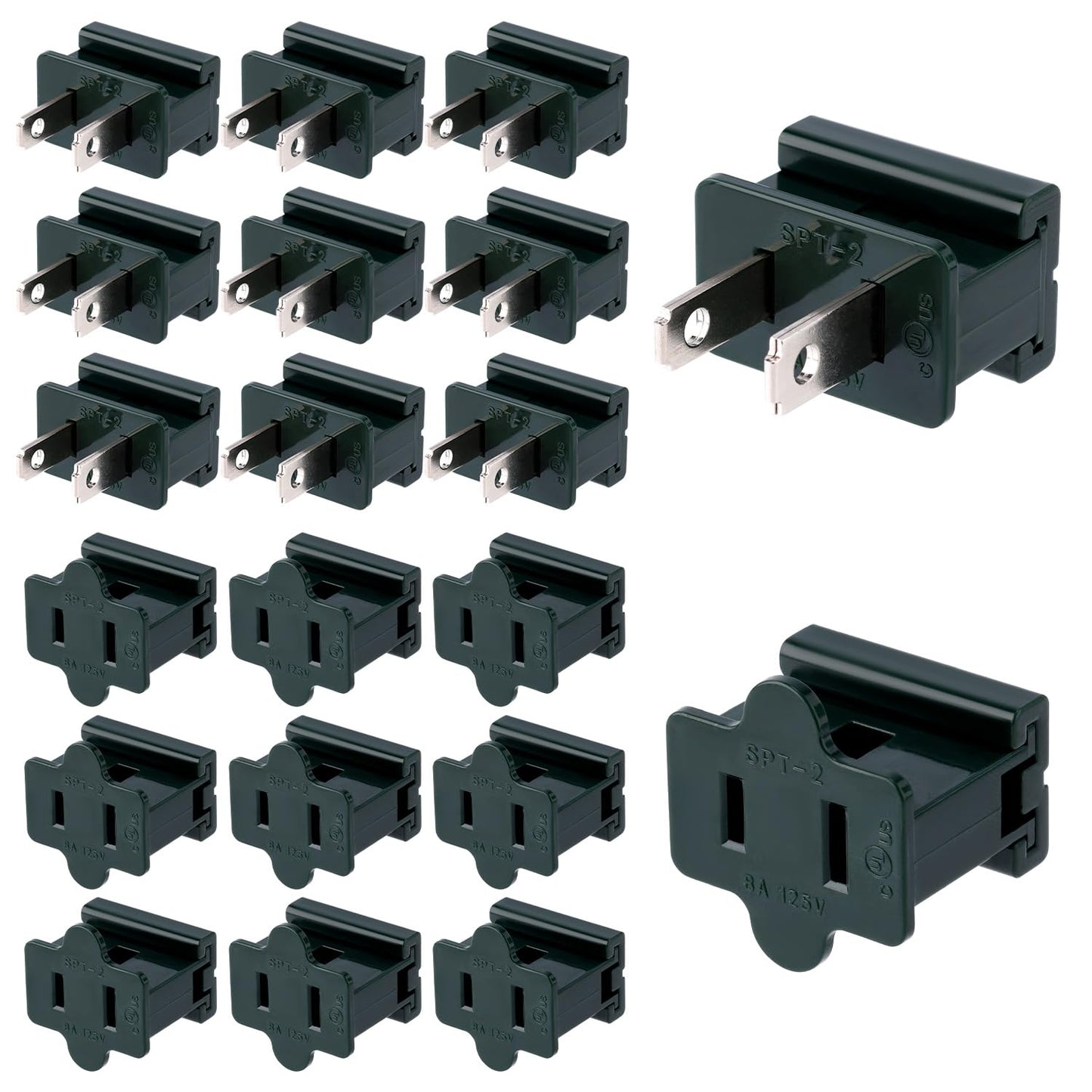 20pcs Holiday Christmas Lighting Outlet Green Slip Plug Set, 10 Male & 10 Female Vampire Adapter Ends, Electric Connector for SPT-2