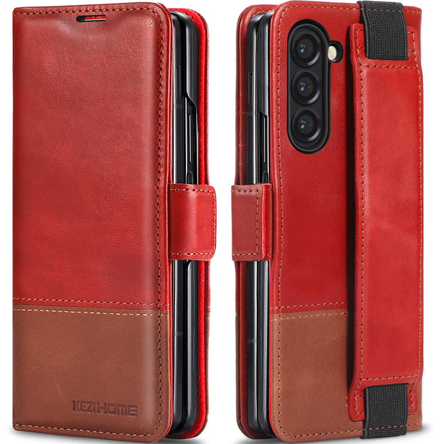 KEZiHOME Case for Samsung Galaxy Z Fold 5, Genuine Leather Wallet Case [RFID Blocking] with Card Holder Stand Shockproof Protective Phone Flip Cover Compatible with Galaxy Z Fold 5(Red/Brown)