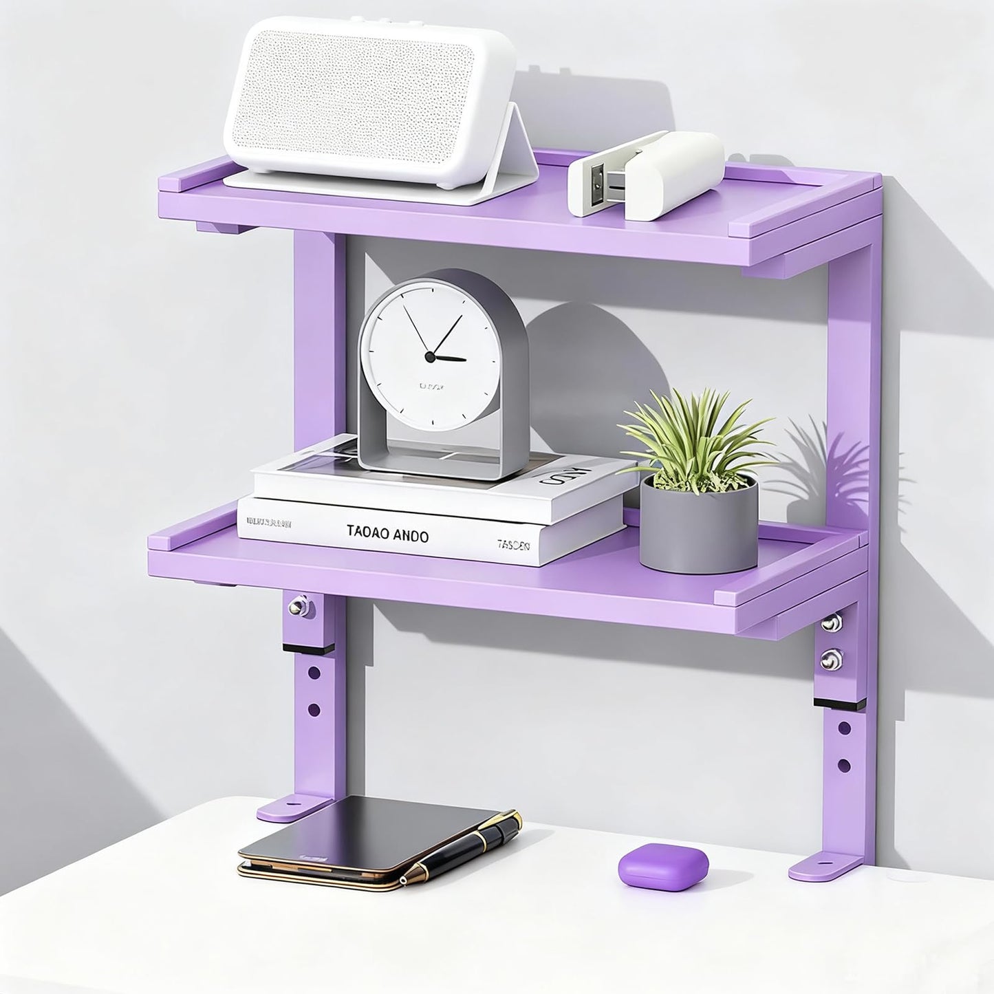 OUTIOE 2-Tier Desk Shelf, Expandable Under Desk Storage, Clamp on Desk Shelf, Desktop Accessories for Offices, Study Rooms, and Game Rooms (Purple)