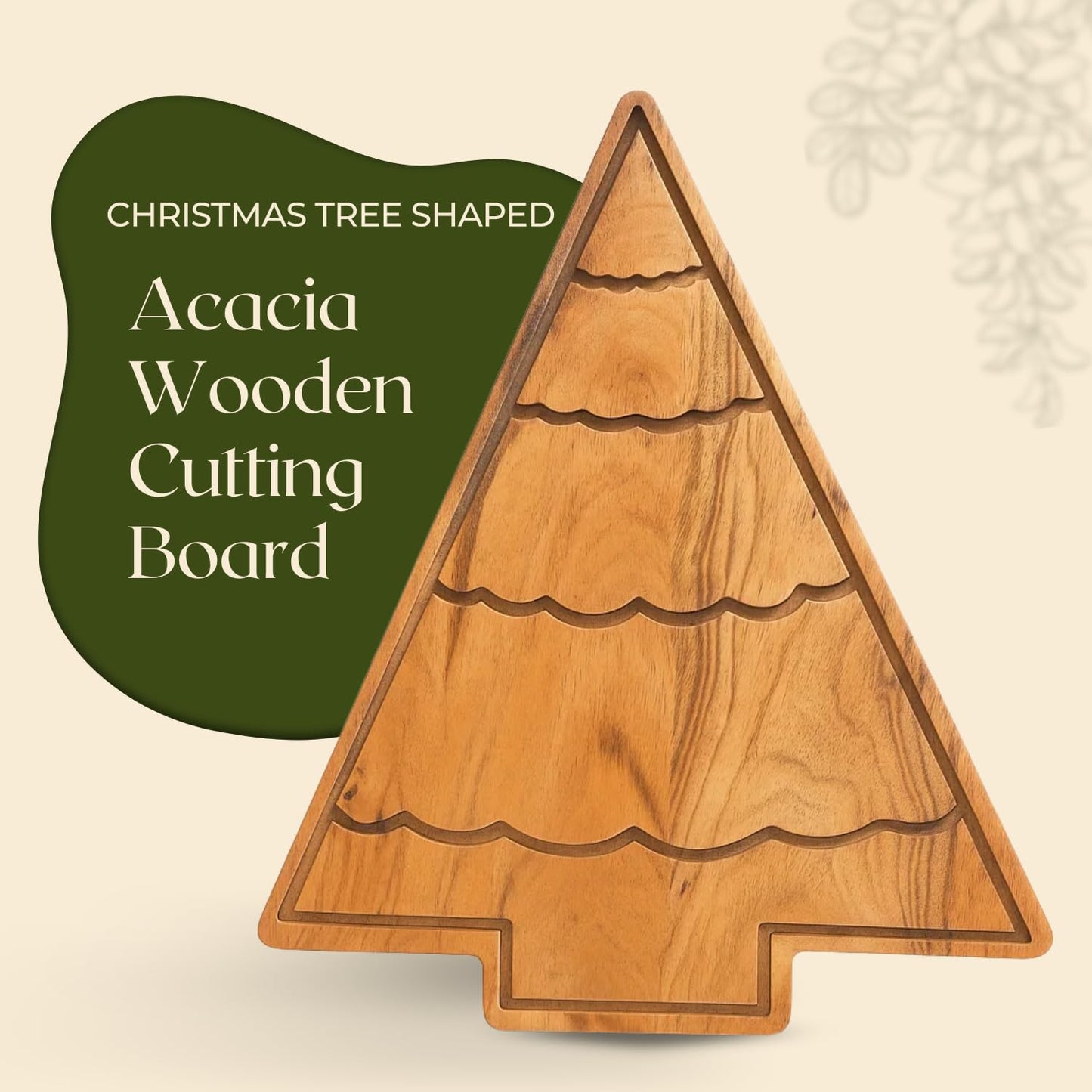Aurah Acacia Wood Christmas Tree Cutting Board 13.5x11 Inch - Chopping Board with Handle, Xmas Cheese Appetizer Tray, Wooden Decorative Serving Platter for Kitchen & Holiday Party