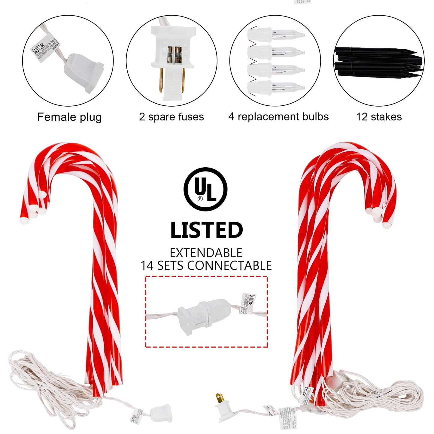 Biswing Christmas Outdoor Candy Cane Lights, 12 Pcs Christmas Pathway Markers with 72 Count Warm White Lights, Connectable for Indoor Outdoor Holiday Walkway Patio Garden Ornament