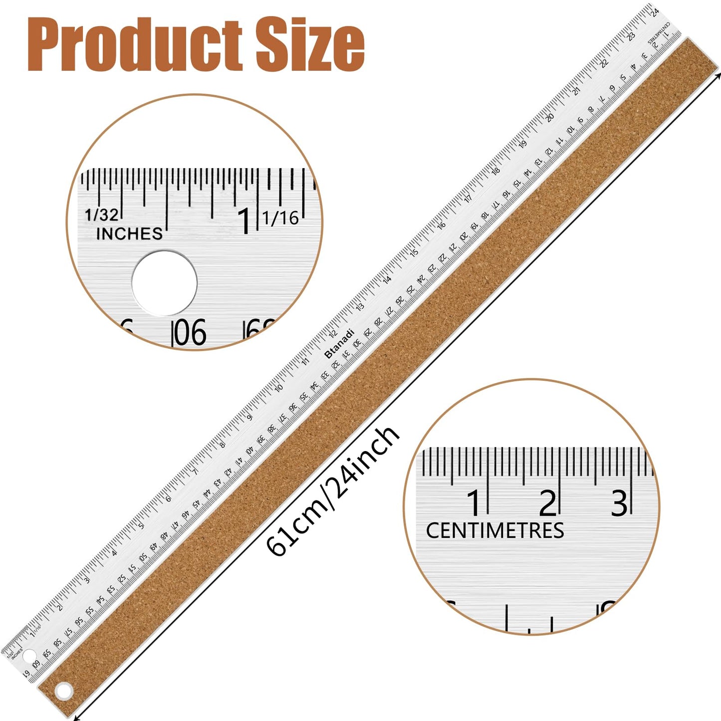 Boompark 24 Inch Metal Ruler, Stainless Steel Straight Edge Ruler with Cork Backing, Non-Slip Imperial & Metric Measuring Tool for School, Office, Woodworking, Drafting