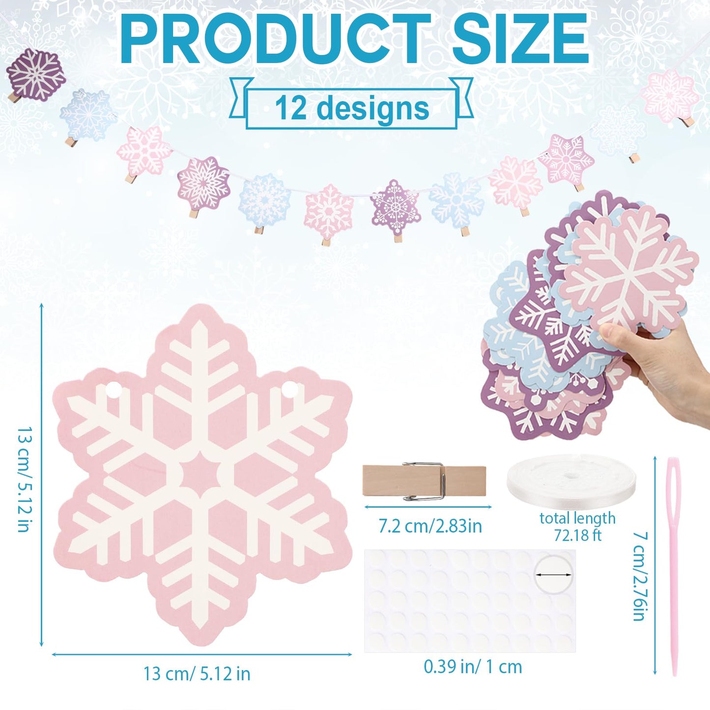 Epakh 24 Sets Winter Snowflake Photo Banner Snowflake Cards Wooden Clips with Ribbon Snowflakes Garland Hanging Ornaments Winter Decorations for Baby Shower Birthday Party Supplies