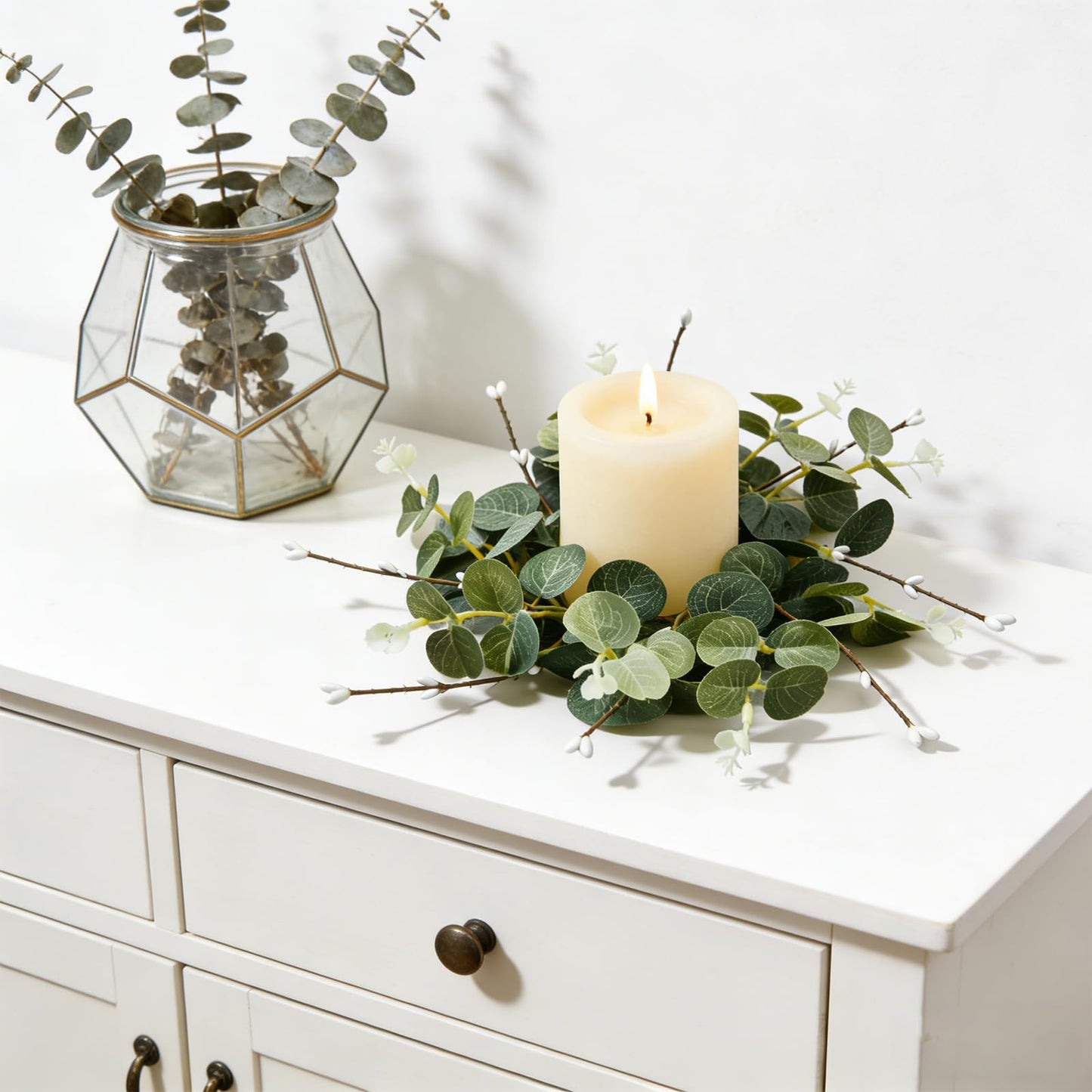 4 Pcs Small Spring Summer Candle Ring Wreaths with Artificial Eucalyptus Greenery White Buds Branches Mini Pillar Candle Holder Wreath for Home Table Centerpieces Kitchen Wedding Farmhouse Party Decor