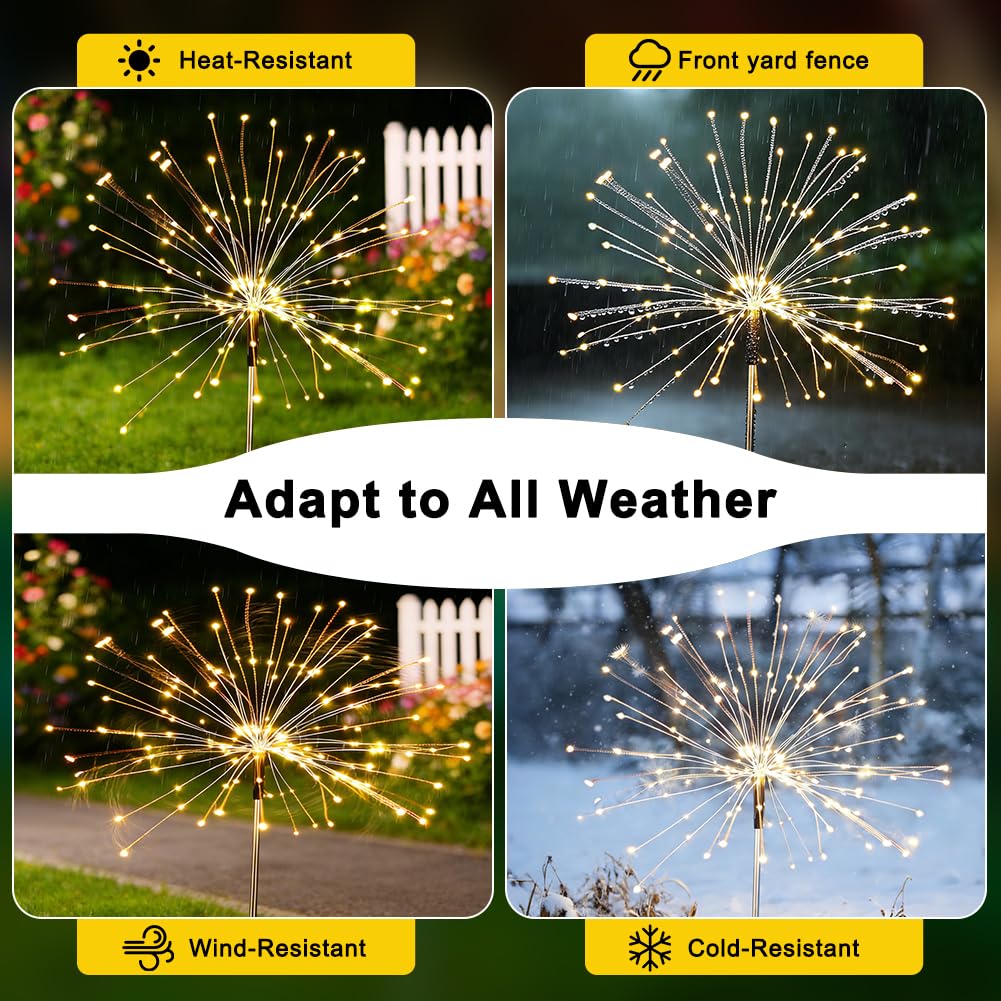 Boutispan 150 LED Solar Fireworks Lights Outdoor Waterproof, 4 Pack 8 Modes Twinkling Fireworks Solar Fairy Lights for Garden Yard Patio Flowerbed Lawn Planter Walkway Decor (Warm White)