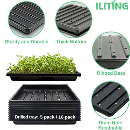 ILITING Plant Growing Seed Starter Trays for Seedlings Microgreen, Shallow Plants Tray Standard 1010 Tray with Drain Holes 5 Pack Black 10.7 x 10.7 inches Square Trays
