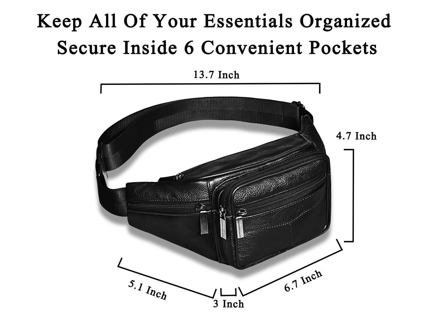 Fanny Pack, Genuine Leather Fanny Pack For Women Or Men, Large Cowhide 6 Zipper Pockets With Adjustable Strap Of Belt Waist Pack For Daily Life，Travelling， Running, Hiking Black a