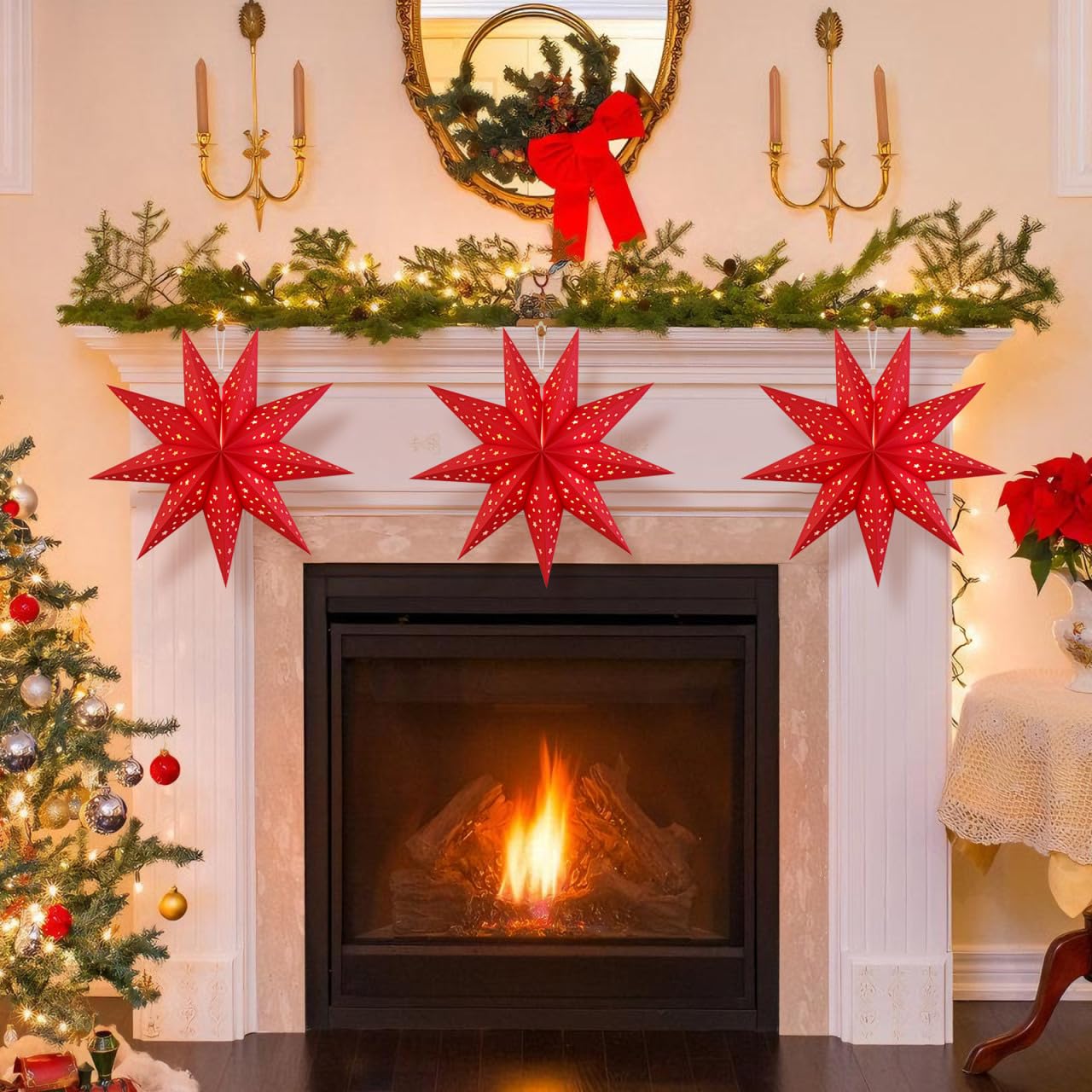 CALLARON 3Pcs Paper Star Lantern, Paper Christmas Decorations, Hanging Star Lantern, 9 Pointed Christmas Stars Lampshade, Foldable Red Lampshade Decor for Christmas, Wedding, Holiday Party, 14inch