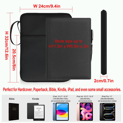 QRZIQRZ Black Book Sleeve Kindle Pouch, Book Protector Case with Zipper, PU Leather Waterproof Book Cover Bag, Portable Book Pouch for Book Lovers Gifts Paperbacks Bibles Hardcover