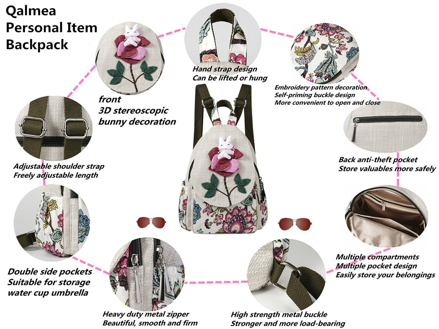 Qalmea Small Backpack for Women，Hippie Backpack Handmade Canvas Bags Casual Mini Handbag（Rabbit Pattern）