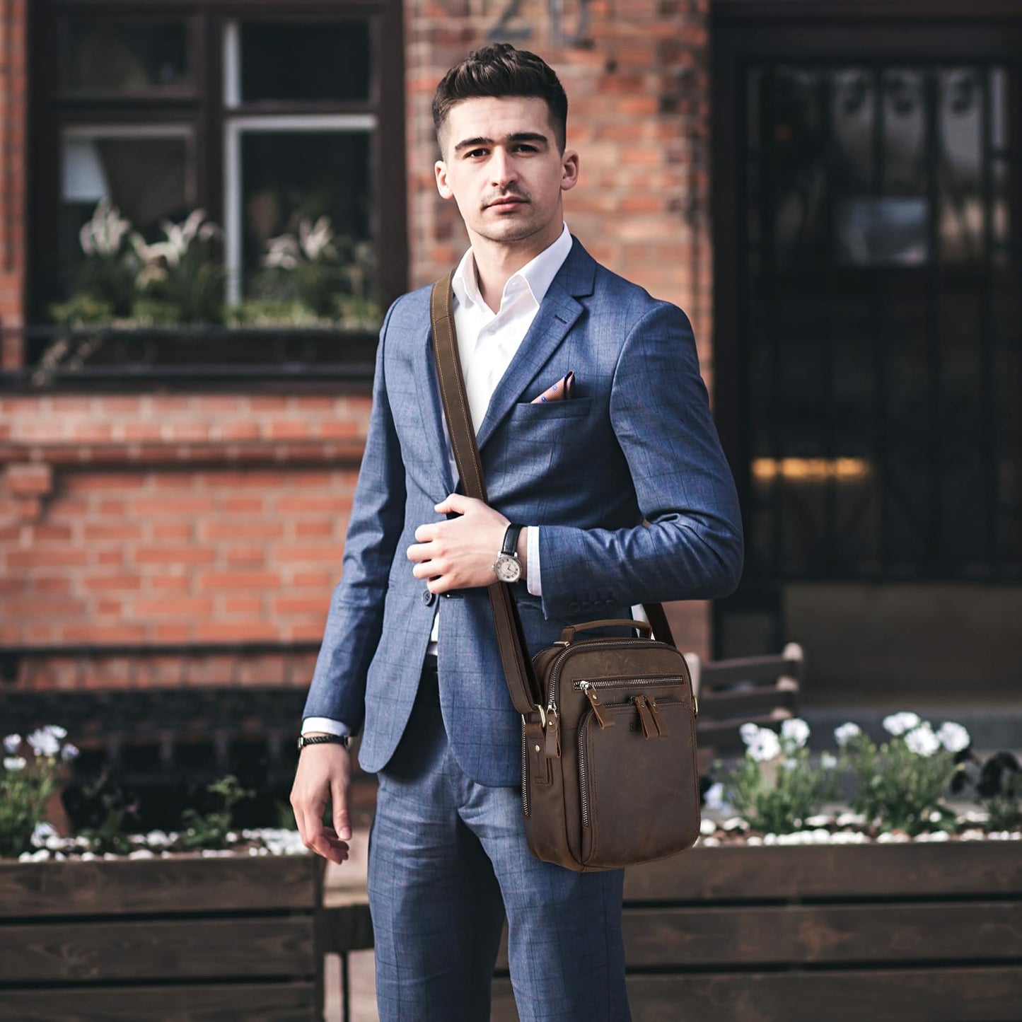 BAIGIO Genuine Leather Small Messenger Bag for Men Crossbody Shoulder Bag for Ipad Small Handbag Vintage Man Purse Daily Business(Dark Brown)