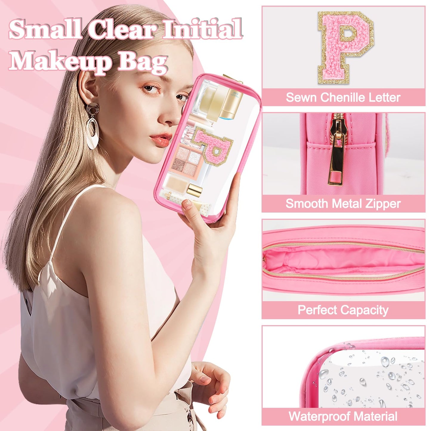 Small Clear Personalized Initial Makeup Bag, Preppy Nylon A-Z Chenille Letter Patch Makeup Organizer TSA Approved Travel Toiletry Bag,Waterproof Zip Beach Cosmetic Pouch Purse for Women(Pink-Pink P)