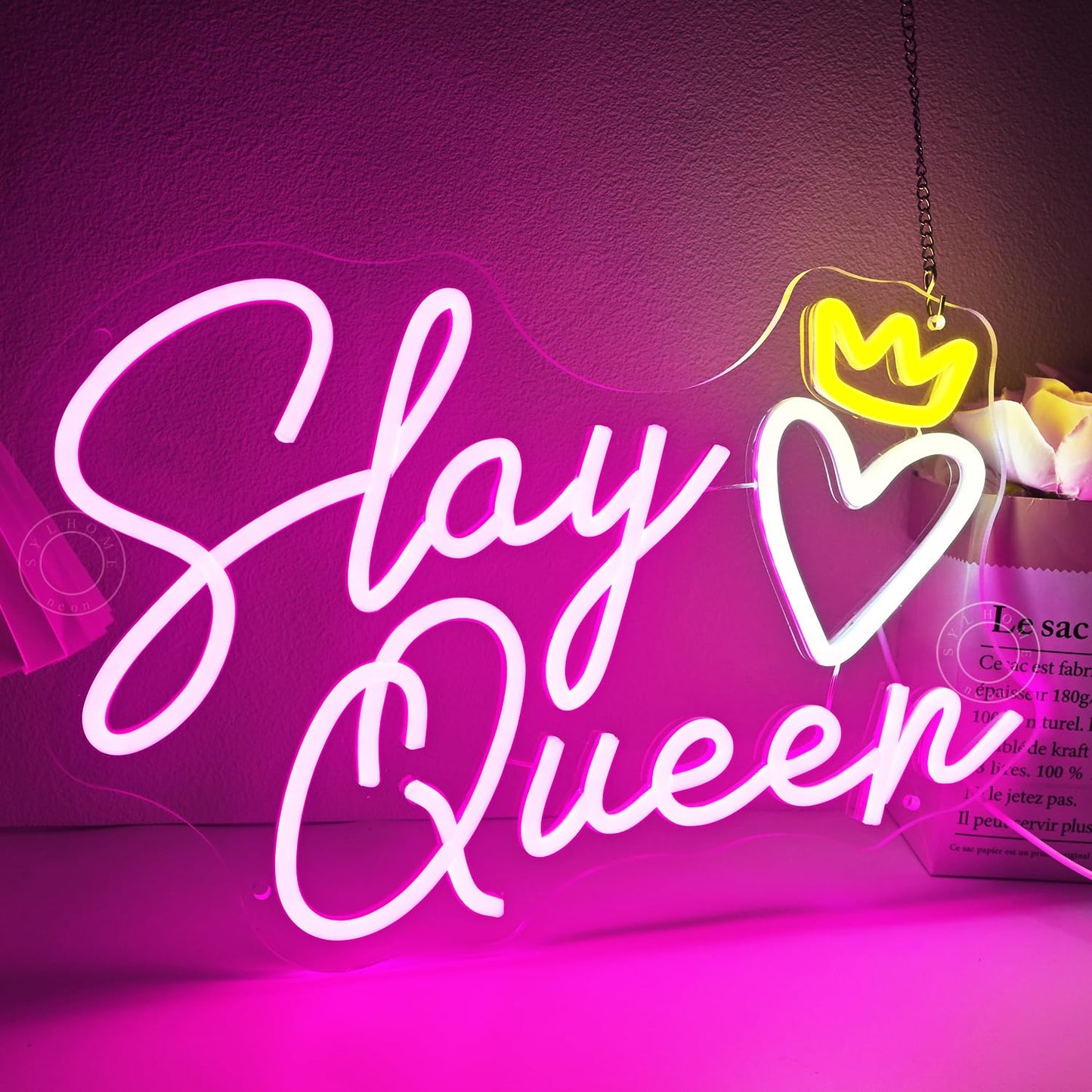 SYLHOME Slay Queen Led Neon Light Sign Heart Crown Bedroom Girls Game Room Cool Wall Sign Decor Teen Kids Birthday Party Decor 15.75" X 10.24" USB Dimmer